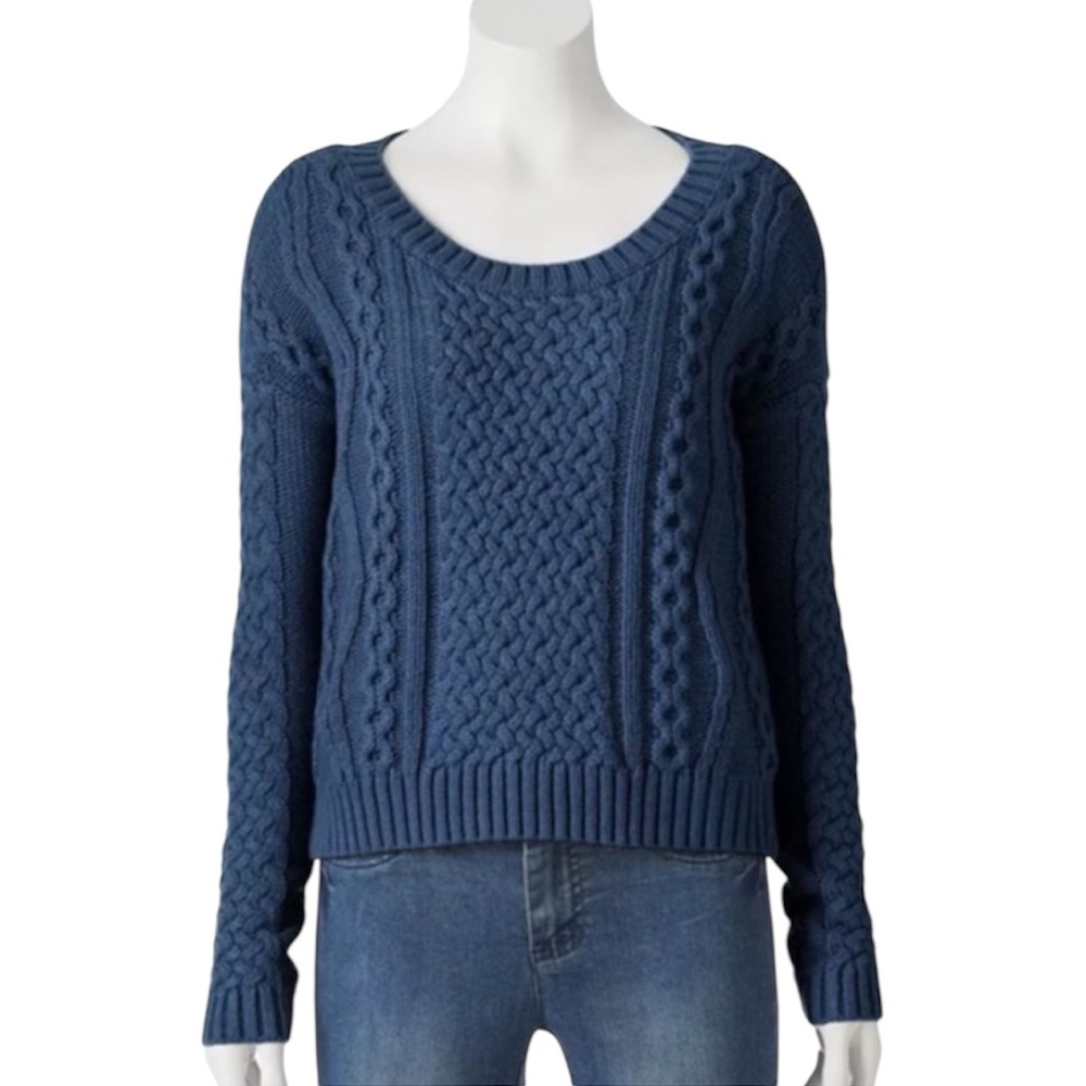 Navy Blue Cable Knit Cropped Sweater M